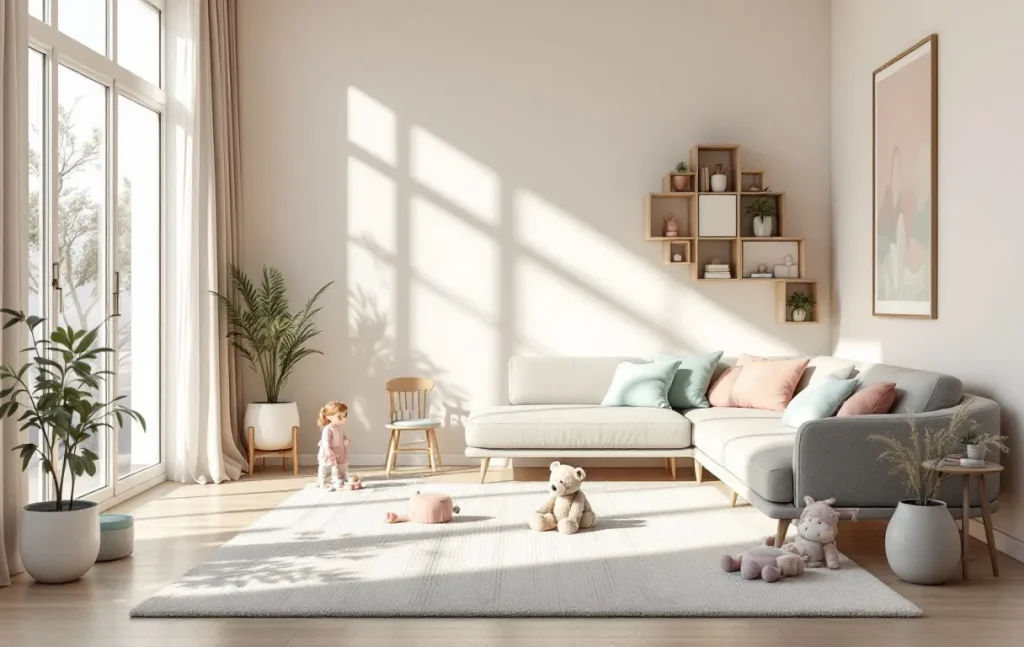 Un salon moderne baigné de lumière naturelle intègre un coin de jeux pour enfants avec des jouets pastels et du mobilier miniature assorti à la décoration.