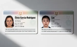 Deux cartes d’identité officielles posées côte à côte sur un bureau blanc, montrant chacune une personne sérieuse avec des noms de famille de longueur différente.