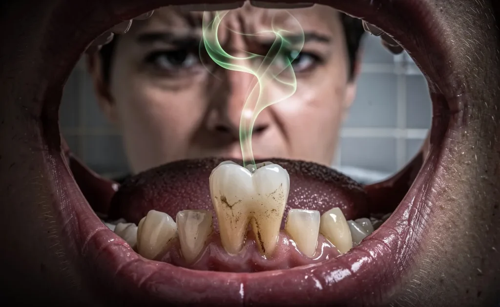 Une dent unique émanent une vapeur verdâtre dans une bouche ouverte, avec un visage préoccupé reflété dans un miroir en arrière-plan.