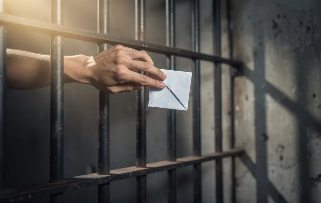 Une main tient un papier plié derrière des barreaux de prison avec des rayons de lumière projetant des ombres.