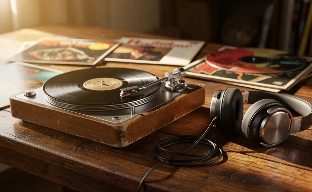 Un tourne-disque vintage posé sur une table en bois entouré de vinyles et de casques audio modernes sous une lumière chaude de l’après-midi.