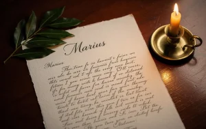 Lettre manuscrite adressée à Marius posée sur un bureau en bois avec un bouquet de laurier et une bougie allumée.
