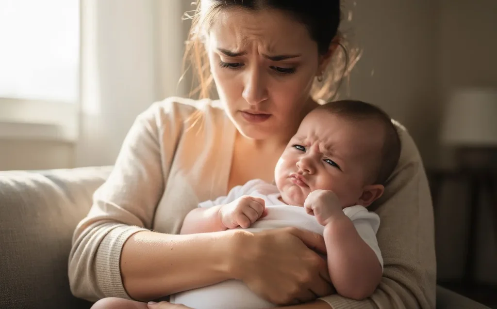 Un bébé au visage contrarié est tenu dans les bras de sa mère inquiète pendant l’allaitement, éclairé par une lumière naturelle douce.