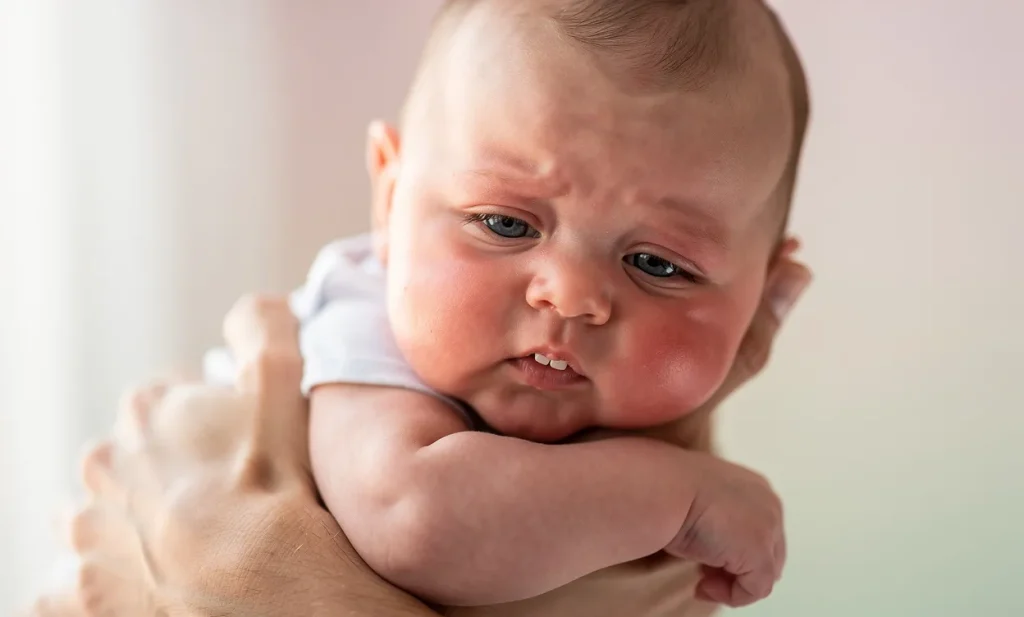 Un bébé au visage fiévreux et à la dent naissante est délicatement tenu dans les bras d’un adulte, éclairé par une lumière naturelle douce.