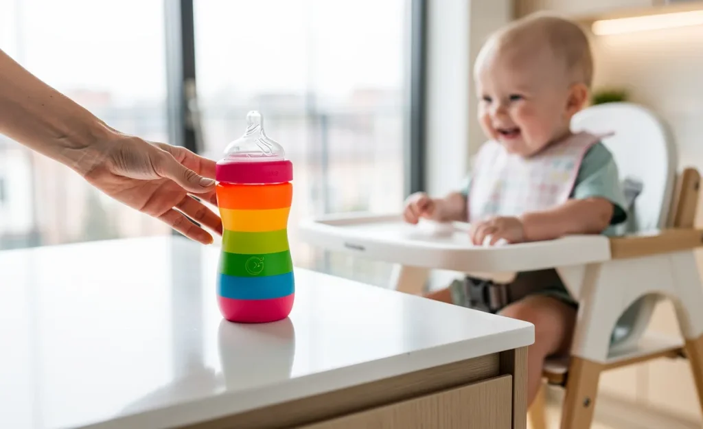 Un plan de cuisine moderne avec une main adulte saisissant un biberon Twistshake coloré près d’un bébé souriant dans une chaise haute, éclairés par la lumière du jour.