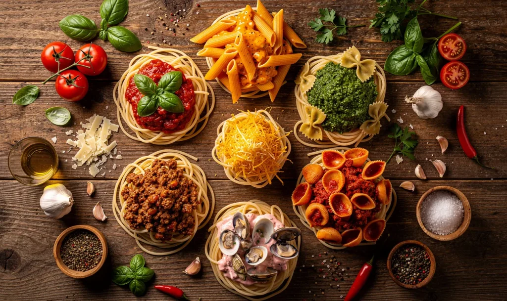 Huit variétés de pâtes disposées en cercle, chacune nappée d’une sauce colorée, sur une table en bois garnie d'ingrédients frais.