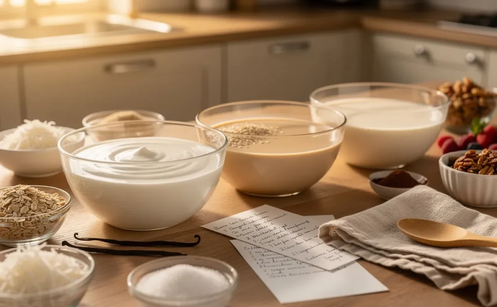 Un plan de travail de cuisine éclairé par la lumière naturelle présente des bols en verre remplis de substituts crémeux de lait, entourés d’ingrédients pour desserts et de fiches de recettes.