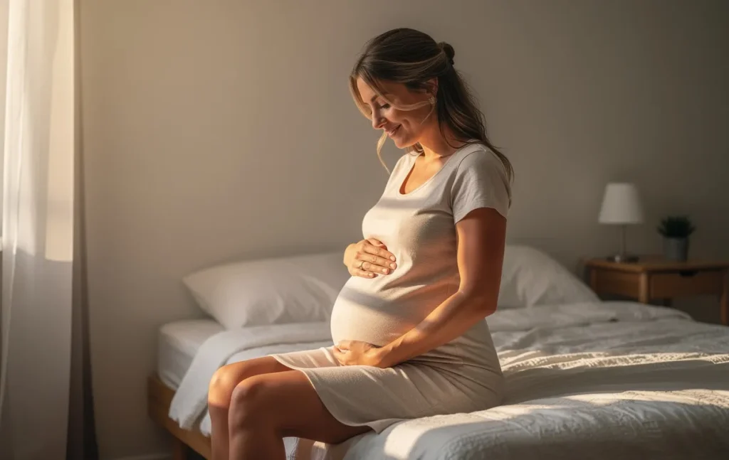 Une femme enceinte assise sur le bord d’un lit tient délicatement son ventre sous une lumière matinale douce.