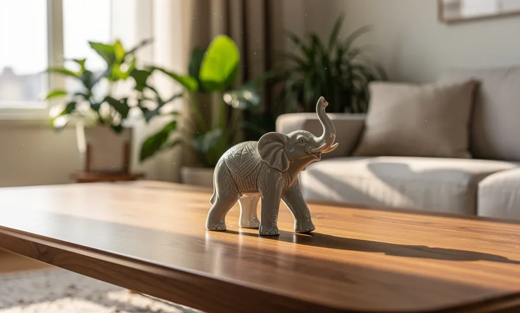 Figurine d’éléphant posée sur une table en bois dans un salon lumineux décoré de plantes vertes et de tons neutres.