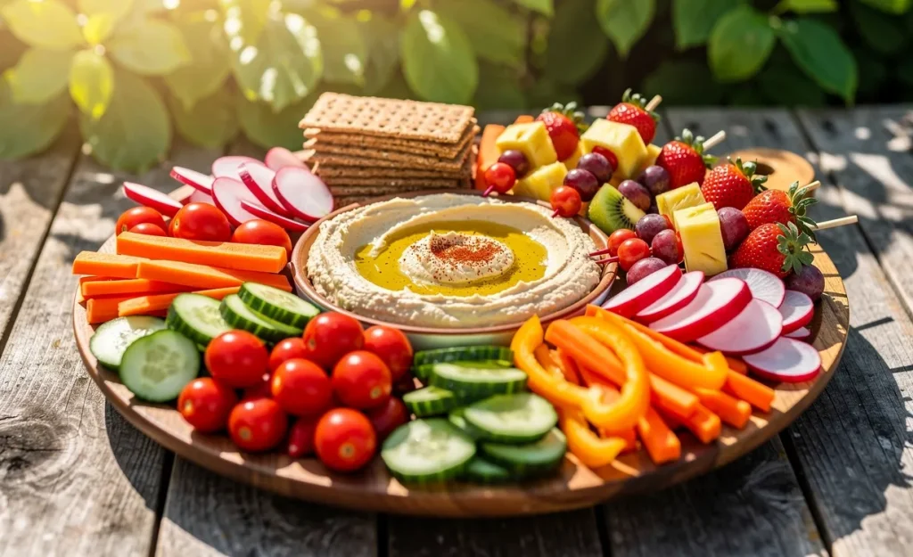 Un plateau garni de légumes frais, houmous, brochettes de fruits et crackers aux céréales présenté sur une table en bois à l’extérieur sous une lumière naturelle tamisée par des feuillages.