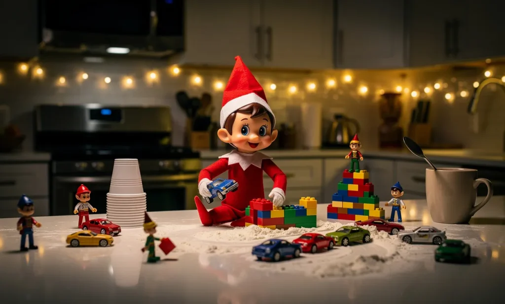 Un lutin malicieux s’affère à installer des jouets et de petites farces sur un comptoir de cuisine, illuminé par des guirlandes lumineuses et une douce lueur nocturne.