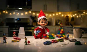 Un lutin malicieux s’affère à installer des jouets et de petites farces sur un comptoir de cuisine, illuminé par des guirlandes lumineuses et une douce lueur nocturne.