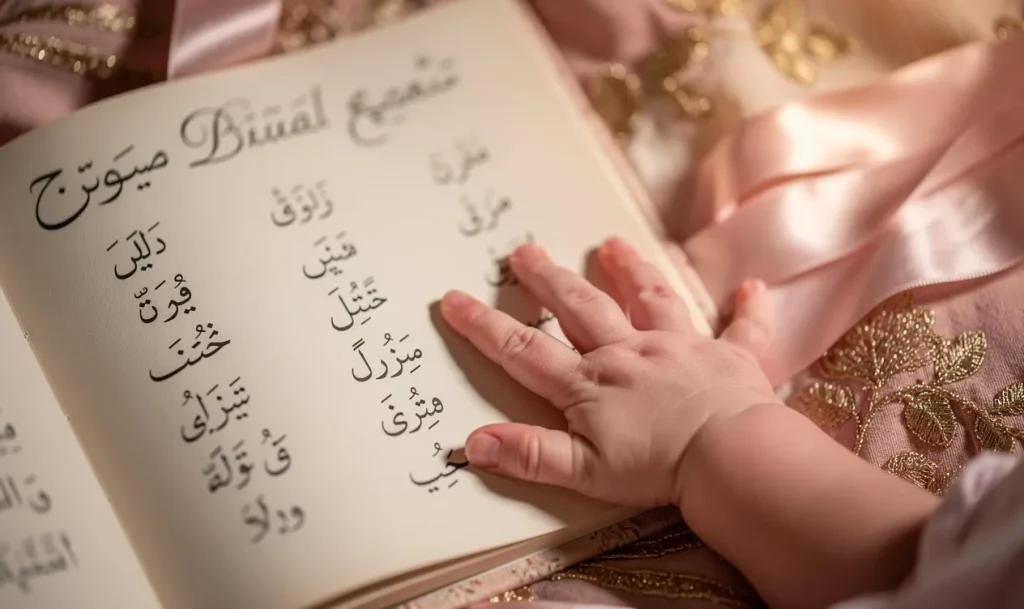 Main délicate d’une petite fille posée sur une page ouverte ornée de calligraphie arabe, entourée de tissus roses et dorés.