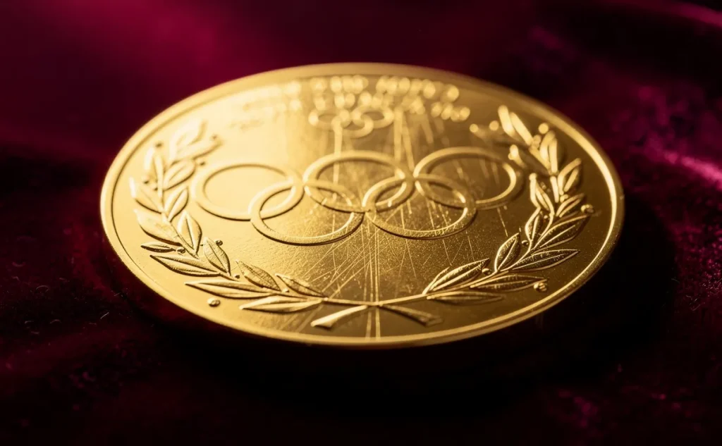 Une médaille d’or olympique bien détaillée repose sur une surface de velours, éclairée en douceur avec une ombre en dessous.