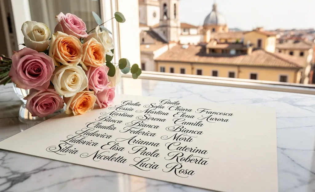 Liste manuscrite de prénoms féminins italiens posée sur une table en marbre avec un bouquet de roses pastel et une fenêtre donnant sur une ville d’Italie.