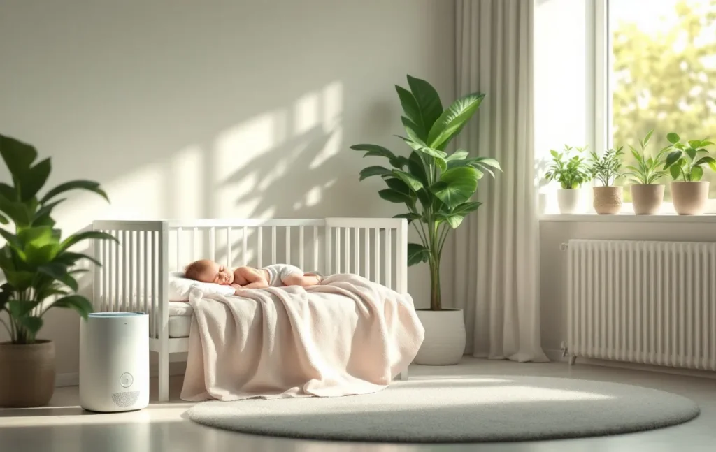Un bébé dort paisiblement dans une chambre moderne baignée de lumière, entouré de plantes vertes et d’un purificateur d’air.