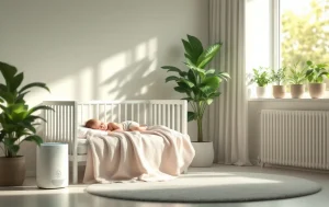 Un bébé dort paisiblement dans une chambre moderne baignée de lumière, entouré de plantes vertes et d’un purificateur d’air.