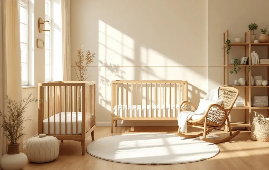 Une chambre de bébé paisible avec des meubles en bois naturel et des textiles organiques éclairée par une douce lumière matinale.