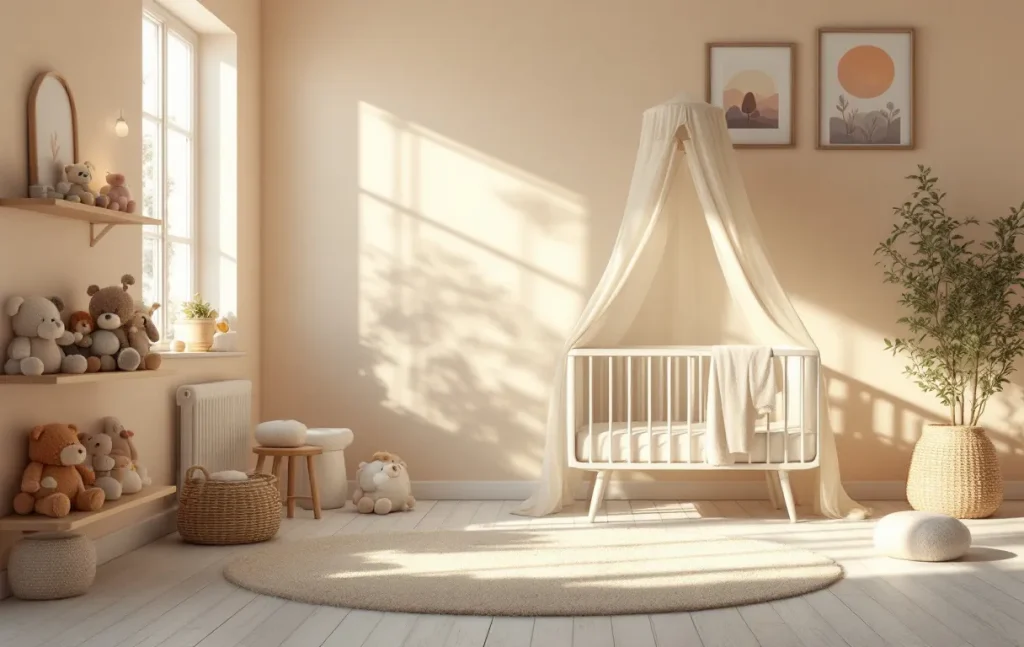 Une chambre de bébé apaisante décorée de couleurs pastel, peluches, lit à baldaquin léger, éclairage doux et tableaux muraux sous une lumière ambiante chaleureuse.